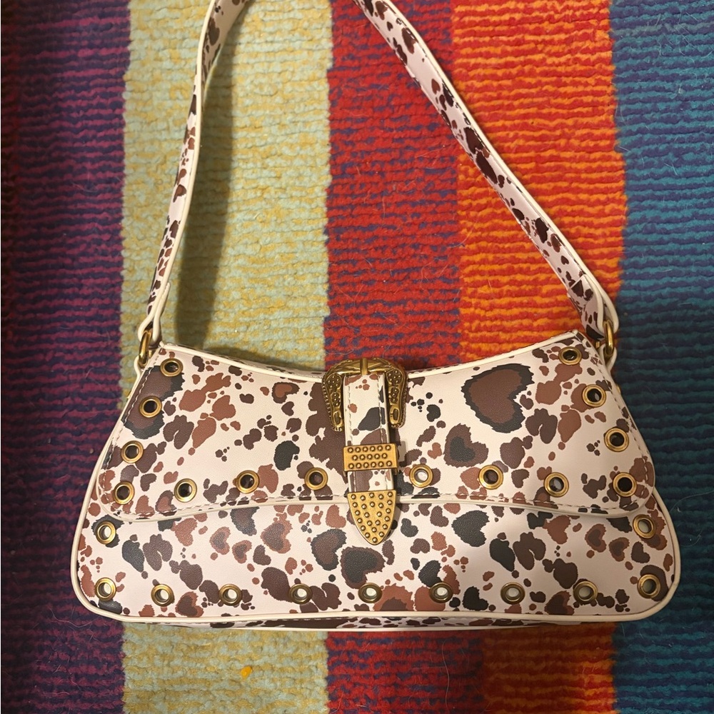 Betsey Johnson Pink and Brown Spot-Print Shoulder Bag with Gold Hardware